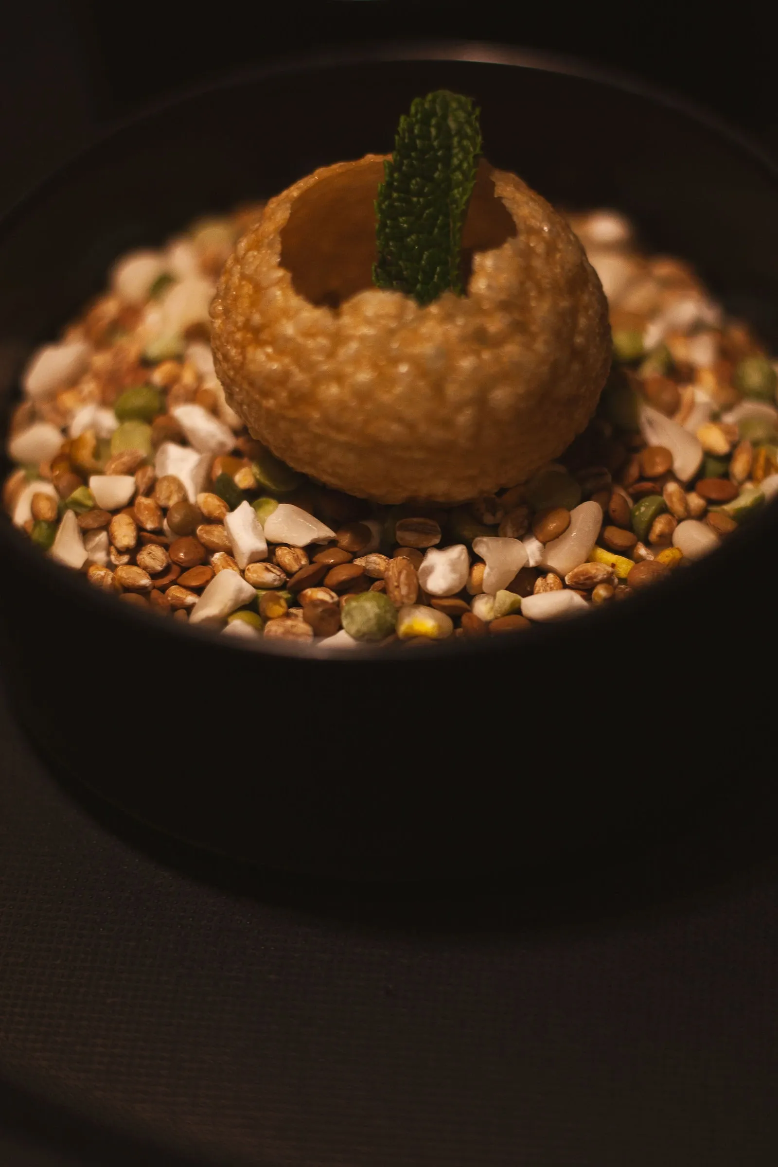 Food photographer Cape Town work: a golden crisp shell topped with a ridged green garnish on a bed of mixed grains and seeds in a black bowl.