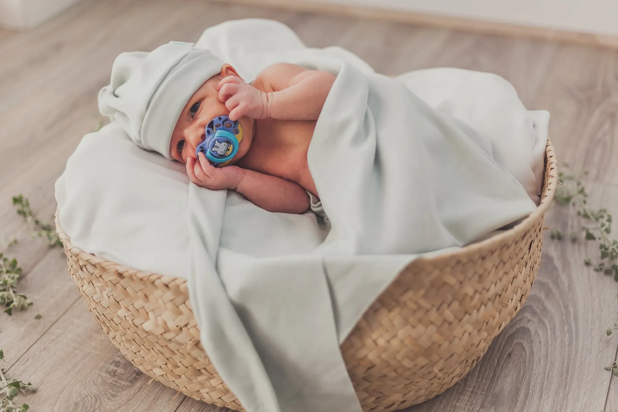 Newborn awake in a woven basket with a dummy, under a soft mint blanket.