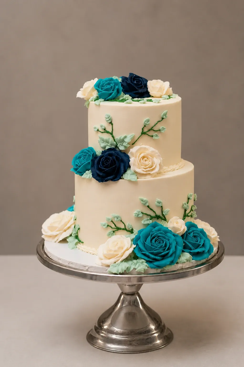 Cake photography: a two-tier cream cake with teal, navy and ivory icing roses and green vines on a silver cake stand.