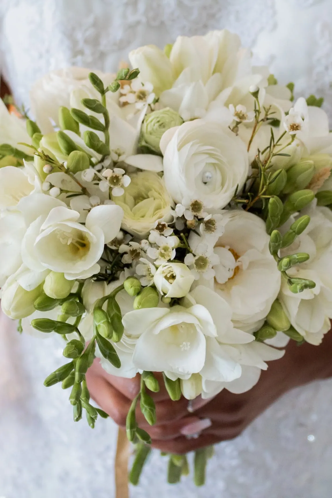 Bridal bouquet of white ranunculus, freesias and wax flower held against a lace gown.